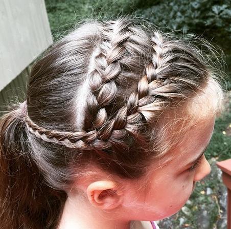 A photograph of a cute little girl with several braids for her long hair style