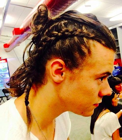 A selfie picture of Harry Styles with a man bun hairstyle that has been braided completely