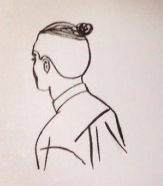 A drawing of a perfectly-styled man bun undercut hairstyle as seen from the back