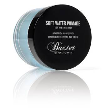 A professional photograph of a barbershop water-based pomade with a fim hold for men with long straight hair and long curly hair