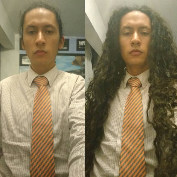 A photograph of a long-haired Latino male illustrating how to wear long hair for men in the workplace