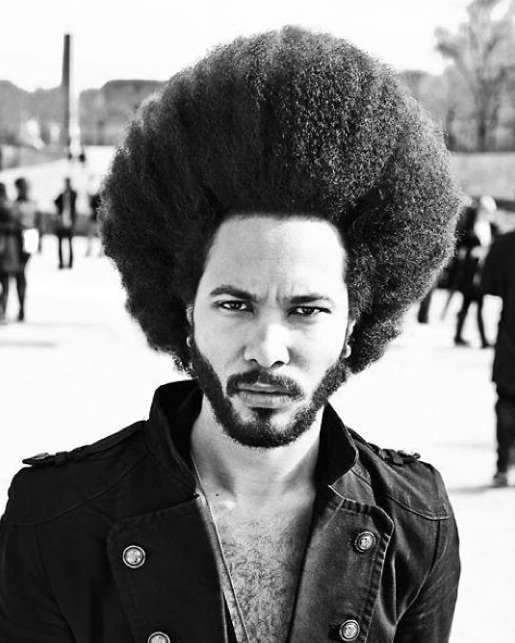 A picture of a bearded black man with a big afro hairstyle for his kinky curly mane