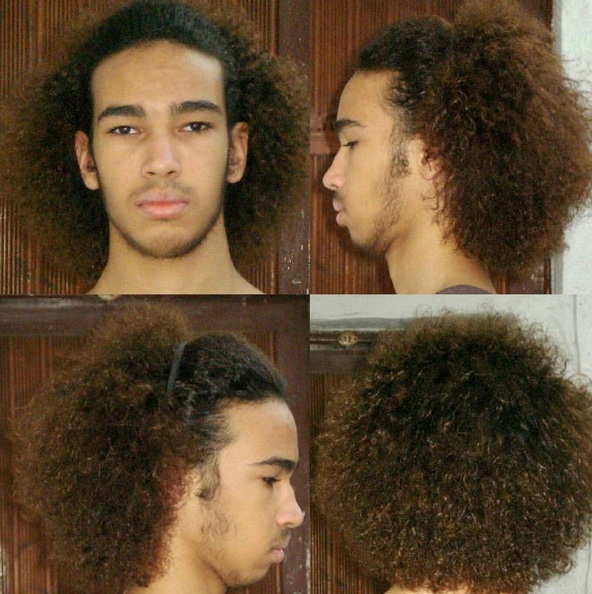A set of four barbershop photographs depicting a black male with long hair and a slicked back hairstyle achieved by using a plastic headband to keep his long curls styled back