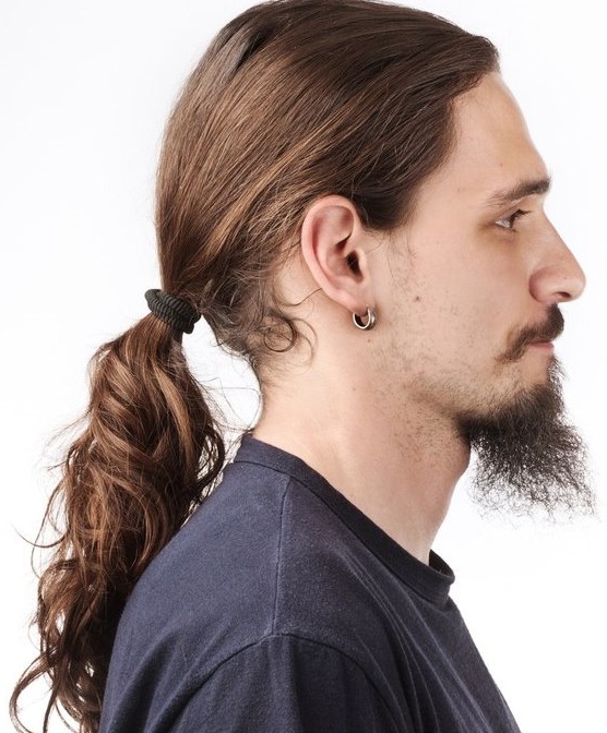 A useful picture depicting a classic ponytail hairstyle on a male with long wavy hair and a VanDyke beard style