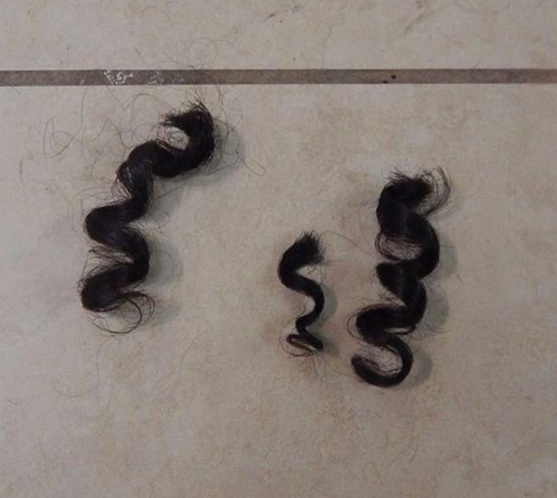 A barbershop photograph of three coiled curls on the floor which belong to a male customer who got a big haircut for his long curly hair that was worn in a long afro hairstyle