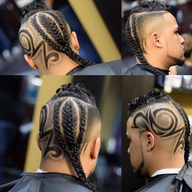 A set of four barbershop photographs depicting an awesome undercut haircut with a triple French braids hairstyle complemented with razor-shaved designs on the sides of the head