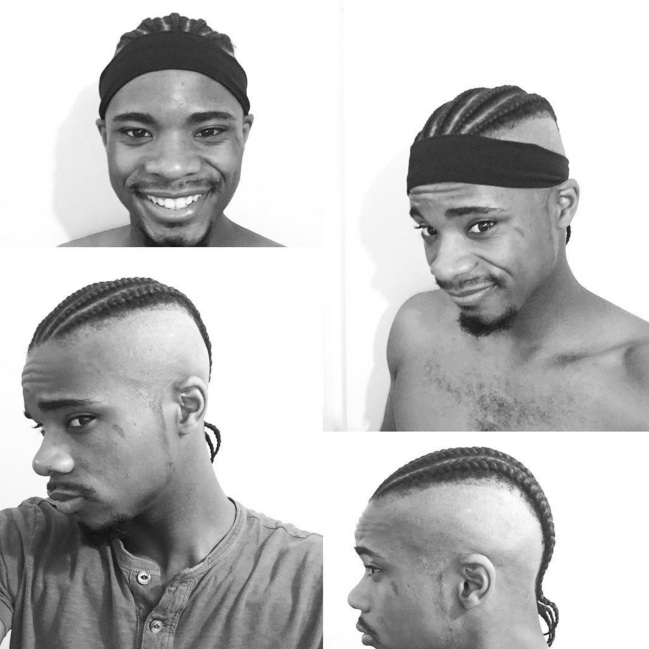 A set of four pictures showing a black male with his long curly hair in an undercut haircut while the curls on the top have been braided as long cornrows
