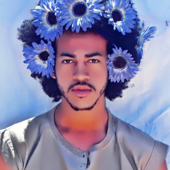 A funny portrait picture of a long-haired black male with kinky hair wearing violet flowers on his big afro hairstyle
