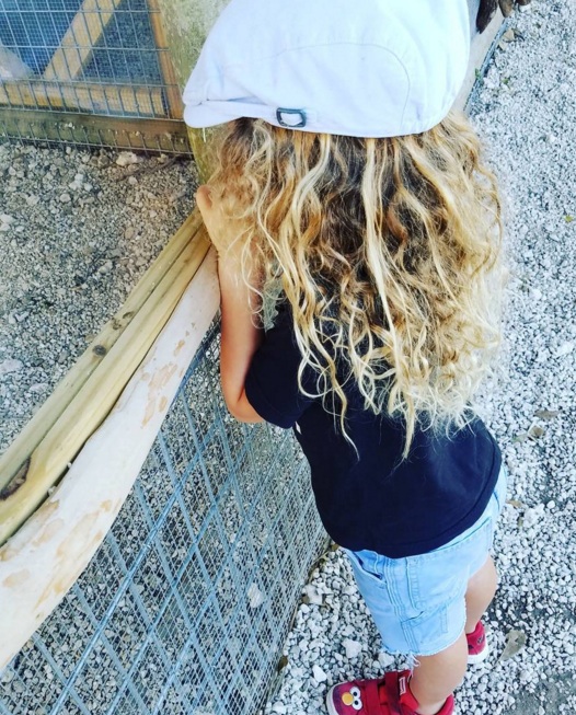 A photograph of a blonde curly boy with very long hair down to his knees peeking through a fence