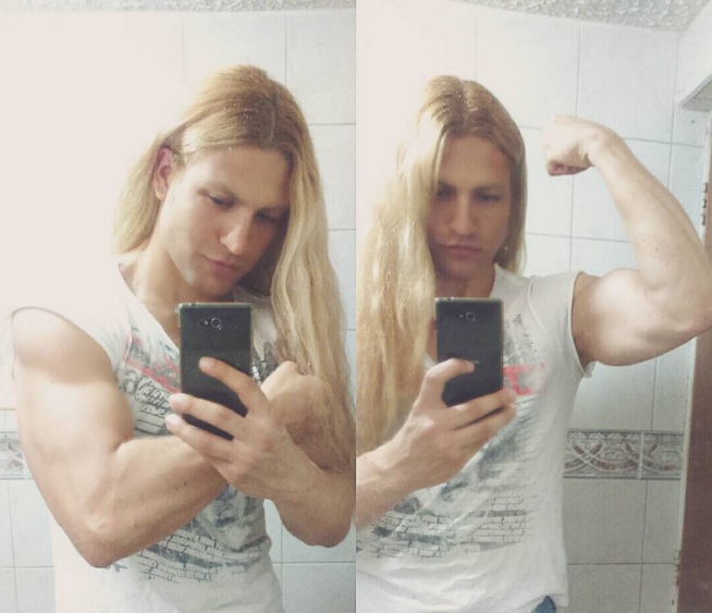 A set of two photographs of a male bodybuilder showing off his muscles and his very long hair which is combed as a middle-parted hairstyle